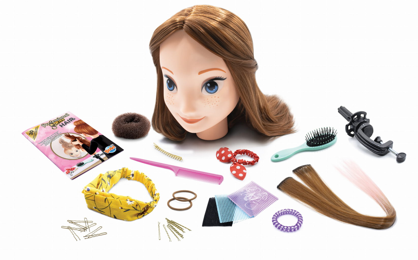 Głowa treningowa do stylizacji włosów z akcesoriami do fryzur i przedłużania włosów. Buki Professional Studio SALON FRYZJERSKI