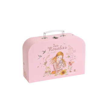 Różowa walizka z motywem dziewczynki i kwiatów zestaw herbaciany dla dziecka. Moulin Roty Zestaw Herbaciany w Walizce LES ROSALIES