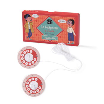 Zabawka telefon sznurkowy z tarczą do wybierania numerów w kolorze różowym dla dzieci. Moulin Roty Telefon Sznurkowy