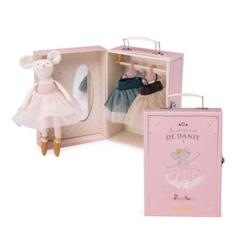 Różowa walizka z garderobą tutu z lalką myszy w różowej sukience baletowej dla dziecka. Moulin Roty Walizka z Garderobą Tutu