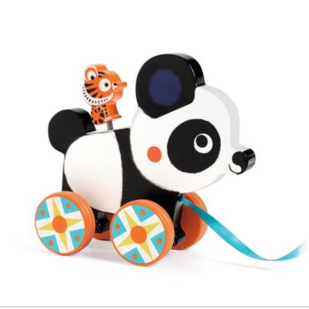 Drewniana zabawka do ciągnięcia panda na kółkach z kolorową wstążką dla dziecka. Djeco Drewniana Zab. do Ciągnięcia Panda BILLIE