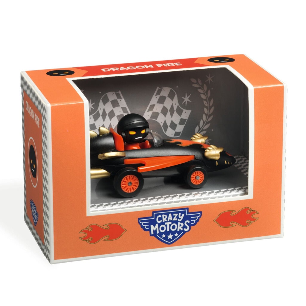 Model kolekcjonerski czarno-pomarańczowego auta wyścigowego z kierowcą dla dzieci. Djeco Autko CRAZY MOTORS DRAGON FIRE
