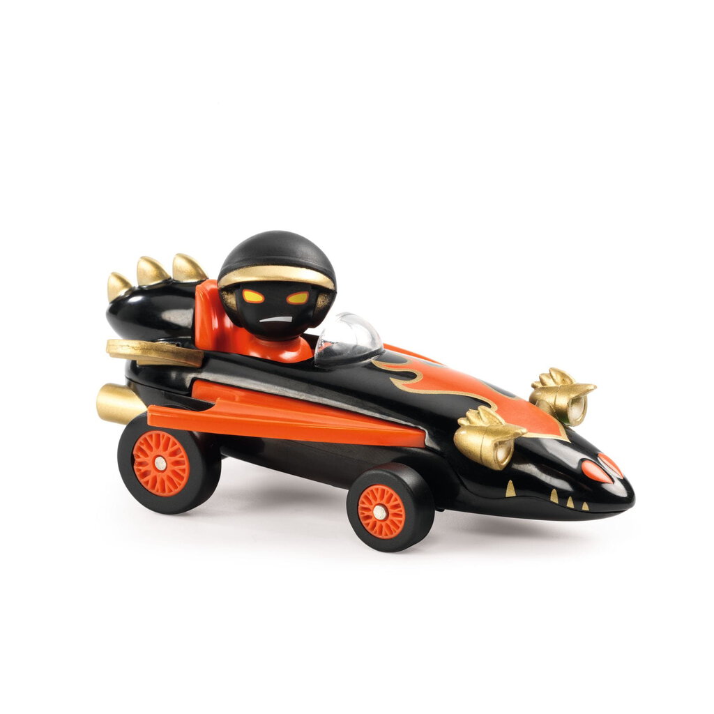 Model kolekcjonerski auta czarno-pomarańczowy z figurką kierowcy i złotymi detalami dla dzieci. Djeco Autko CRAZY MOTORS DRAGON FIRE