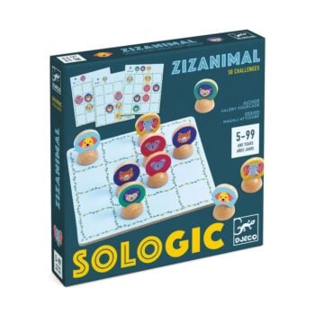 Gra logiczna z drewnianymi pionkami z postaciami zwierząt i planszą do układania zadań dla dzieci i dorosłych. Djeco Gra Logiczna SoLogic ZIZANIMAL