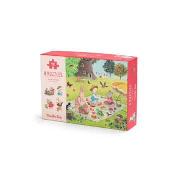 Puzzle kartonowe z ilustracją dzieci i zwierząt na tle przyrody przedstawiające pory roku dla dzieci. Moulin Roty Puzzle Kartonowe „PORY ROKU” Grande Famille