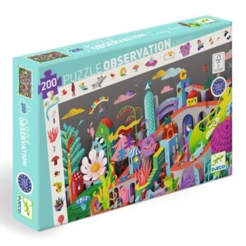 Puzzle 200 elementów z kolorowym fantazyjnym miasteczkiem dla dzieci. Djeco Puzzle Obserwacja FANTAZYJNE MIASTECZKO