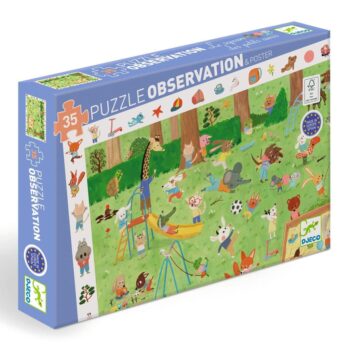 Puzzle z ilustracją dzieci i zwierząt bawiących się w ogrodzie dla dzieci. Djeco Puzzle Obserwacja OGRÓD MAŁYCH PRZYJACIÓŁ