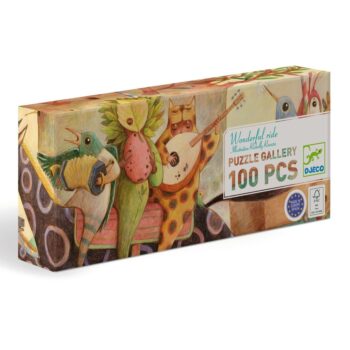 Pudełko puzzli tradycyjnych 100 elementów z kolorowym obrazkiem zwierząt grających na instrumentach dla dzieci. Djeco Puzzle Gallery CUDOWNA JAZDA 100 Elem