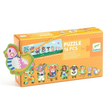 Puzzle progresywne 16 elementów z postaciami zwierząt i ludzi na farmie dla dzieci. Djeco Puzzle MAŁE I DUŻE NA FARMIE 16 El