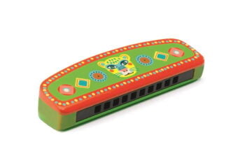 Zielona harmonijka dla dziecka z kolorowym wzorem i obrazkiem tygrysa. Djeco Harmonijka