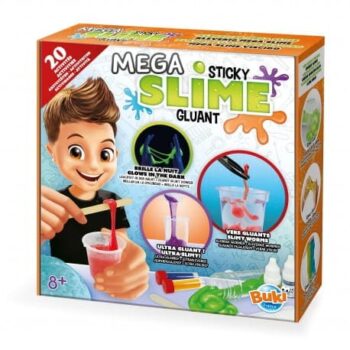Zestaw do samodzielnej produkcji 20 kolorowych glutów slime dla dzieci powyżej 8 lat. Buki Mega Lab PRODUKCJA 20 SLIME GLUTÓW