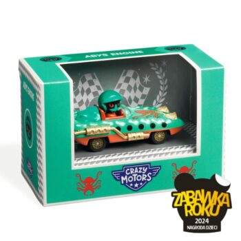 Model kolekcjonerski samochodu wyścigowego w kolorze zielonym z kierowcą w kasku dla dzieci. Djeco Autko CRAZY MOTORS ABYS ENGINE