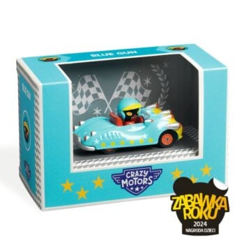 Model kolekcjonerski niebieski samochód wyścigowy z kierowcą w kasku w opakowaniu dla dzieci. Djeco Autko CRAZY MOTORS BLUE GUN