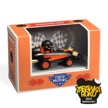 Model kolekcjonerski czarno-pomarańczowego auta wyścigowego z figurką kierowcy dla dzieci. Djeco Autko CRAZY MOTORS DRAGON FIRE