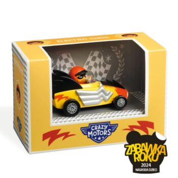 Model kolekcjonerski samochodu wyścigowego w kolorze czarno-żółtym z czerwonym kaskiem dla dziecka. Djeco Autko CRAZY MOTORS ELECTRO CHOC