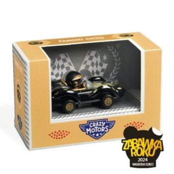 Czarno-złoty model samochodu wyścigowego z kierowcą w kasku dla dzieci. Djeco Autko CRAZY MOTORS FANGIO OCTO