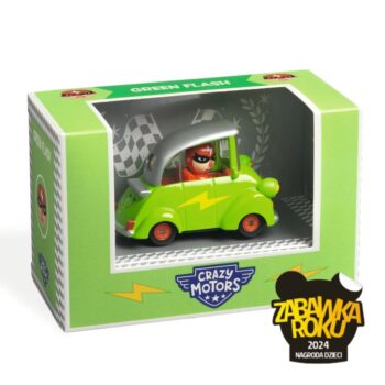 Zielone autko zabawkowe z kierowcą w kasku dla dzieci. Djeco Autko CRAZY MOTORS GREEN FLASH
