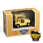 Żółty model samochodu terenowego z kierowcą w okienku opakowania dla dzieci. Djeco Autko CRAZY MOTORS LION SAFARI