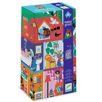 Puzzle tradycyjne 36 elementów z kolorowym obrazkiem domku i zwierząt dla dzieci. Djeco Puzzle Gigant DOMEK MAŁYCH PRZYJACIÓŁ