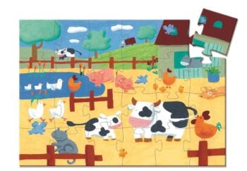 Puzzle tekturowe z obrazkiem krowy i innych zwierząt gospodarskich na farmie dla dzieci. Djeco Puzzle Tekturowe KRÓWKA