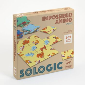 Gra logiczna z puzzlami z kolorowymi zwierzętami na żółtym tle dla dzieci i dorosłych. Djeco Gra Logiczna Sologic IMPOSSIBLO ANIMO