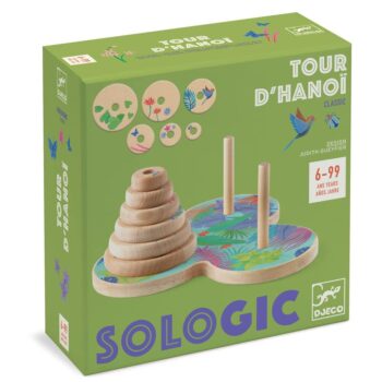Drewniana gra logiczna wieże Hanoi z kolorową podstawą dla dzieci i dorosłych. Djeco Gra Logiczna Sologic WIEŻE HANOI
