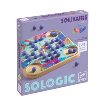 Drewniana gra logiczna solitaire z niebieskimi kulkami dla dzieci i dorosłych. Djeco Gra Logiczna SoLogic SOLITAIRE