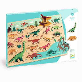 Drewniana układanka z kolorowymi dinozaurami dla dzieci. Djeco Drewniana łamigłówka DINOZAURY