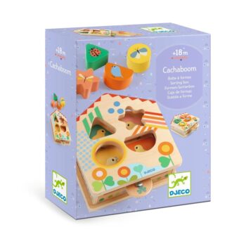 Drewniany sorter kształtów domek z kolorowymi elementami dla dzieci powyżej 18 miesięcy. Djeco Drewniany Sorter DOMEK