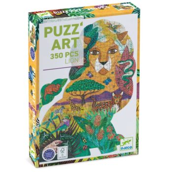 Puzzle tradycyjne 350 elementów z obrazem artystycznym lwa w kolorach zielonym pomarańczowym i żółtym dla dzieci. Djeco Puzzle Artystyczne LEW 350 Elementów