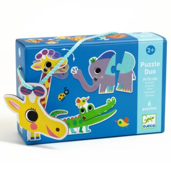 Puzzle progresywne zwierzątka dla dzieci od 2 lat z elementami do łączenia w pary z ilustracjami żyrafy słonia krokodyla i innych zwierząt. Djeco Puzzle Duo ZWIERZĄTKA
