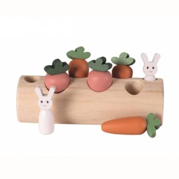 Drewniany sorter w kształcie pnia z marchewkami i królikami do wkładania dla dzieci. Egmont Toys Sorter Marchewkowy Ogródek Królików
