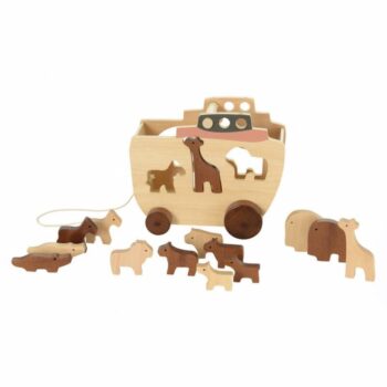 Drewniany sorter do ciągnięcia w kształcie arki z wycięciami na zwierzątka dla dziecka. Egmont Toys Drewniany sorter Arka Noego do ciągnięcia
