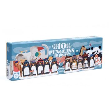 Puzzle tradycyjne dla dzieci z motywem pingwinków do nauki liczenia w niebieskim pudełku. Londji Puzzle dla dzieci nauka liczenia Pingwinki