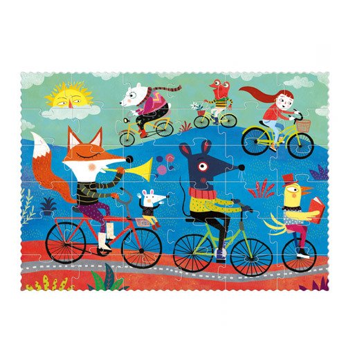 Puzzle tradycyjne dla dzieci z kolorowymi zwierzętami jadącymi na rowerach na tle nieba i słońca. Londji Puzzle dla dzieci Na rowerach Bicicletta