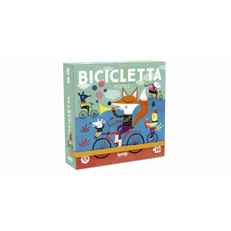 Puzzle tradycyjne dla dzieci z ilustracją zwierząt jadących na rowerach w kolorach niebieskim i zielonym. Londji Puzzle dla dzieci Na rowerach Bicicletta