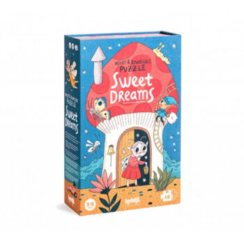 Pudełko z ilustracją domku i postacią dziewczynki na puzzlach dla dzieci Sweet Dreams kolorowe. Londji Puzzle dla dzieci Sweet Dreams Słodkich snów