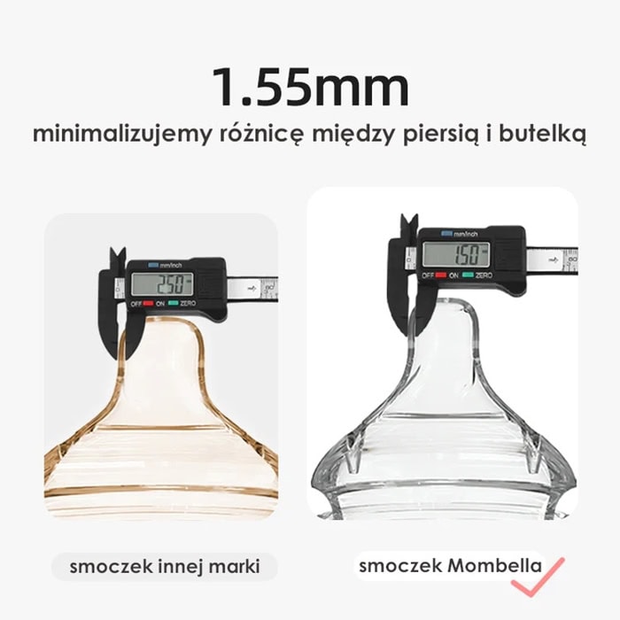 Porównanie smoczków do butelek antykolkowych różne kolory i kształty z miarką cyfrową. Mombella Smoczek do Butelki Antykolkowej Classic M
