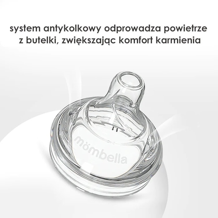 Przezroczysty smoczek do butelki antykolkowy classic rozmiar m dla niemowlaka. Mombella Smoczek do Butelki Antykolkowej Classic M