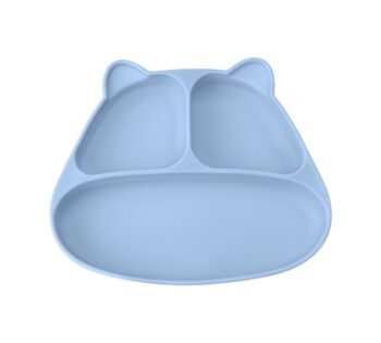 Niebieski talerzyk silikonowy z przyssawką w kształcie pandy dla dziecka z trzema przegródkami. Mombella Talerzyk z Przyssawką Panda Light Blue