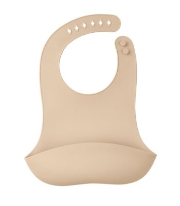 Silikonowy śliniak z kieszonką 3D jasnobrązowy dla dziecka. Mombella Silikonowy Śliniak z Kieszonką 3D Light Brown