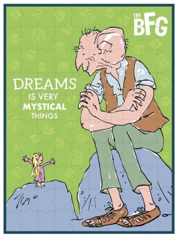 Puzzle tradycyjne z ilustracją bardzo fajnego giganta i dziewczynki na zielonym tle dla dzieci. Petit Collage Puzzle Roald Dahl BFG Bardzo Fajny Gigant