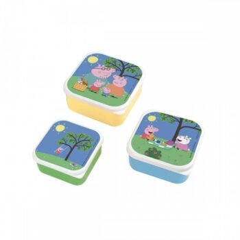 Zestaw trzech plastikowych śniadaniówek z kolorowymi ilustracjami postaci z bajki Świnka Peppa dla dzieci. Petit Jour Paris Lunch Box 3 szt/kpl Świnka Peppa