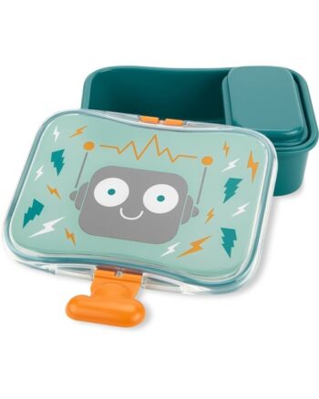 Śniadaniówka dla dziecka z grafiką robota w kolorze zielonym z pomarańczowym zamknięciem. Skip Hop Lunchbox dla Dziecka Robot Spark Style