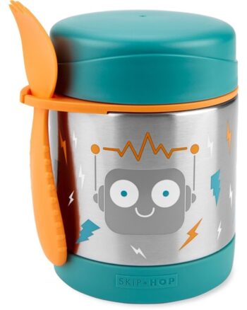 Termos dla dziecka ze stali nierdzewnej z niebieską pokrywką i pomarańczową łyżeczką z motywem robota. Skip Hop Termos dla Dziecka Robot 325ml Spark Style