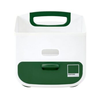 Biały organizer na pieluchy z zielonym uchwytem i przednią kieszenią dla mamy lub dziecka. Ubbi Organizer na Pieluszki Pantone Green