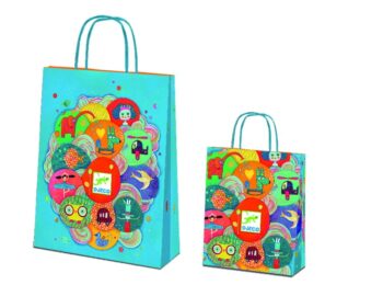 Duża papierowa torba na prezenty turkusowa z kolorowymi wzorami dla dzieci. Djeco Torba Papierowa Duża 32x12x40 Cm