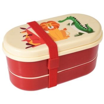 Czerwono kremowa śniadaniówka dwupoziomowa z kolorowymi zwierzętami i czerwonym paskiem dla dziecka. Rex London Lunchbox Bento Kolorowe zwierzęta