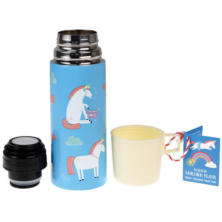 Termos ze stali nierdzewnej 350 ml niebieski z nadrukiem białego jednorożca dla dziecka. Rex London Termos ze stali nierdzewnej 350 ml Magiczny Jednorożec