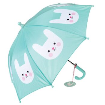 Zielony parasol dziecięcy z nadrukiem białych króliczków z różowymi policzkami dla dziecka. Rex London Parasol dla dziecka Króliczek Bonnie